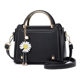 NICOLE & DORIS Fashion Satchel Handbag Small Crossbody Bag for Women Top Handle Bags Cute Shoulder Bags PU Leather Girls Messenger Bags Ladies Purses Handbag with Flower Pendant Black