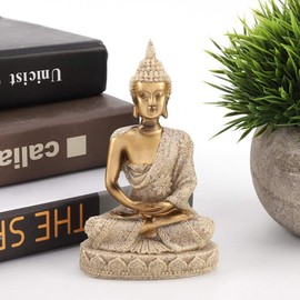 Meditation Buddha Figures 11 x 7 x 4 cm Small Zen Zang Sandstone Carving Sitting Buddha Resin Buddhism Sculpture Small Table Decoration Living Room Decoration Buddah Statue, Gold