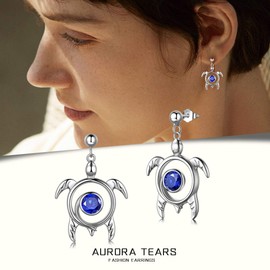 Aurora Tears Turtle Necklace, 925 Sterling Silver, Animal Pendant, Birthstone Jewellery, Gifts with Zirconia for Women DP0172, Earrings, September Sapphire