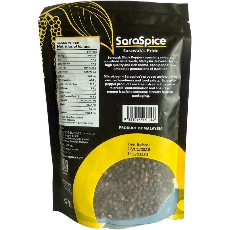 World Renowned Sarawak Black Peppercorns, Imported Direct from Malaysia (200g)