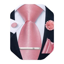 DiBanGu Mens Satin Tie with Lapel Pin Tie Clip Shiny Solid Color Necktie and Pocket Square Cufflinks Set for Wedding Party, Blush Pink