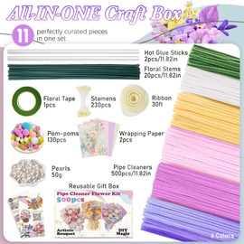500Pcs Pipe Cleaners Craft - All-in-One DIY Flower Making Kit with 5 Colors Chenille Stems, Floral Stem Wires, Floral Tape, Stamens, Ribbon, Pearl & Pom Pom Accents, Bouquet Wrapping Paper (Purple)