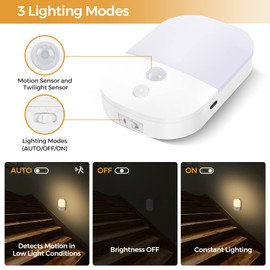 Suright Suright Nachtlicht mit Bewegungsmelder, [2 Stck] Aufladbar Typ-C LED Nachtlicht 5 Helligkeit Einstellbare 3 Modi (AUTO/AUS/EIN), 2800K Warmwei? LED Nachtlampe fr Schlafzimme, Gang, Treppe, Kche