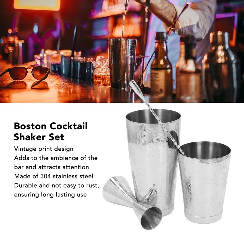 Boston Cocktail Shaker Set Multifunctional 304 Stainless Steel Vintage Print