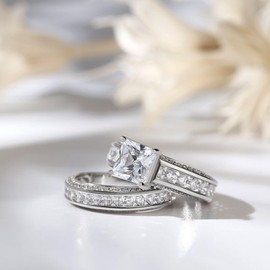 Jeulia Women's Sterling Silver Ring Set, Princess Cut, 4-Prong Diamond Ring Set, Jewellery for Bride, Wedding Ring, Engagement Ring, Sterling Silver