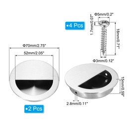 PATIKIL Recessed Door Handles 70mm/2.75" Dia, 2 Pack Round Hidden Concealed Door Pulls 304 Stainless Steel Flush Finger Pull Handle with Screws for Sliding Door Cabinets Drawers, Silver