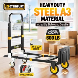 New Heavy Duty Hand Truck 600lbs 3-in-1, Convertible Hand Truck Dolly Foldable Dolly Steel A3 with Rubber Brake-Wheels, Anti-Slip Strip and 2 Elastic Ropes for Moving