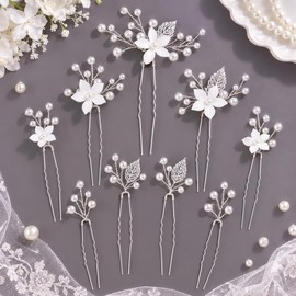 9Pcs Handmade Pearl Bridal Wedding Hair Pins, White Flower Pearl Hair Pieces Bridal Hair Accessories for Brides, Bridesmaids and Women