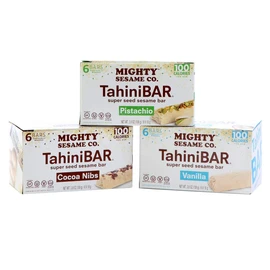 Mighty Sesame TahiniBars, Variety Pack (18 Bars) | 6 Pistachio - 6 Vanilla - 6 Cocoa Nibs | 100 Calorie Mini Halva Bars | Individually Wrapped