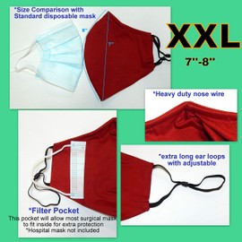 ICYROSE XXL 7"/ XL 6.5" Extra Large Face Mask Big and Tall 3 Ply Beard Mask Cotton with nose wire Filter Pocket adjustable ear loop (Black XXL)