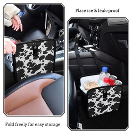 Oarencol Black White Cow Car Trash Can Foldable Hanging Animal Skin Print Car Trash Bag Bin Auto Garbage Can Leak-Proof Car Organizer(Large)