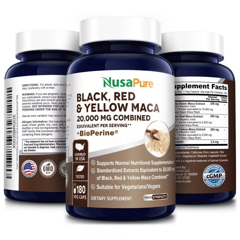 NusaPure Maca Root Black, Red, Yellow 20,000mg - 180 Vegan