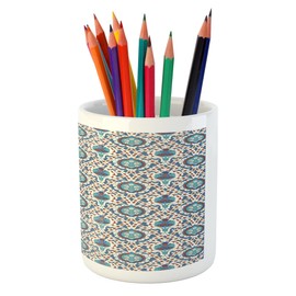 Ambesonne Eastern Pencil Pen Holder, Traditional Ornament with Little Blossoms Moroccan Oriental Culture Elements, Printed Ceramic Pencil Pen Holder for Desk Office Accessory, Multicolor