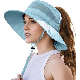 Sun Hat with High Ponytail Hole for Women, UPF 50+ UV Protection Safari Hiking Wide Brim Foldable Waterproof Beach Bucket Hat Blue