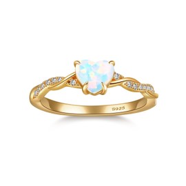 Bonlavie Silver Ring for Women, 925 Sterling silver Heart Cut Opal Ring, 14K Gold Plated Bridal Engagement Wedding Band, Size O