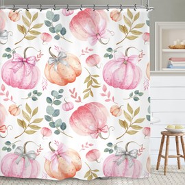 Yookeb Pink Pumpkin Autumn Fall Bathroom Shower Curtain 60W by 71H Inch Eucalyptus Leaves Harvest Plant Girls Polyester Fabric 12 Plastic Hooks Waterproof Decor