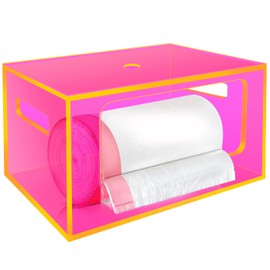 Stackable Trash Bag Holder Dispenser Under Sink Extra Large Acrylic Garbage Bag Storage Organizer with Top and Handles for Kitchen Laundry Room Pantry Cabinet, Neon Pink