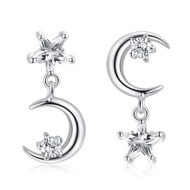 KVANU 925 Sterling Silver CZ Crystal Star Moon Dangle Drop Studs Earrings for Women Teen Sparkling Asymmetric Studs Earrings (Silver)