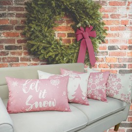 JOJOGOGO Pink Christmas Lumbar Pillow Covers 12x20 Set of 4, Pink Snowflake Decorative Lumbar Throw Pillows 12 x 20, Let It Snow Pink Christmas Decorations for Tree Couch Bedding and Living Room