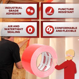 XFasten Red Construction Coating Tape, 3" x 180ft, Polymer Coating & Flashing Tape for Seams, Vapor Barrier, Foam, House Envelope, Crawl and Epoxy Resin.