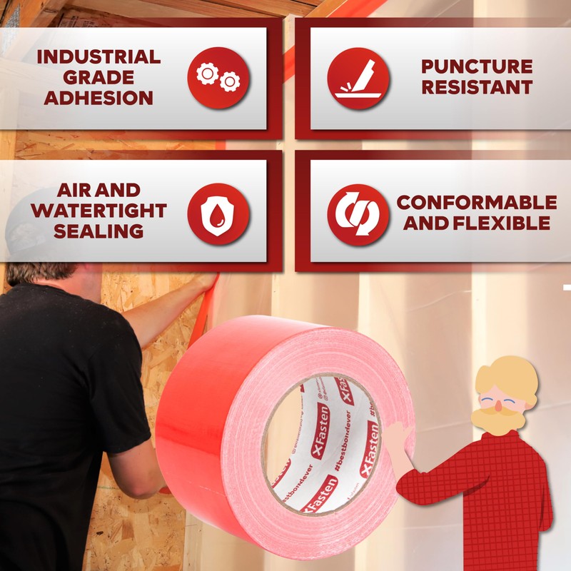 XFasten Red Construction Coating Tape, 3" x 180ft, Polymer Coating