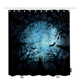 Olikked Blue Black Shower Curtain Full Moon Silhouettes of Bats and Terrible Dead Trees Shower Curtain Set 72x72 Inch Waterproof Fabric Machine Washable