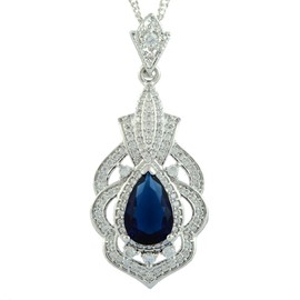RIZILIA Pendant with 45cm(18") Chain & Pear Cut Gemstones CZ [Blue Sapphire] in 18K White Gold Plated, Simple Modern Elegance