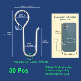 HLIWS Pack of 30 Curtain Hooks Metal, Curtain Hooks Made of Galvanised Steel, Curtain Hooks for Rails, for Window Curtain, Shower Curtain (64 x 36 mm)