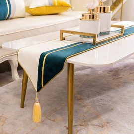 Avigers 12 x 59 Inch Decorative Luxury Green Teal White Gold Leather Striped Patchwork Velvet Table Runners with Tassels for Home Living Room Bedroom Art Decor Wedding