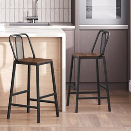 YATINEY Set of 2 Bar Stools, 24.2 Inch Barstools for Kitchen Counter, High Backrest Counter Height Stools, Bar Chairs for Pub, Island, Coffee Nook, Study, Walnut and Black BY01L2BHY1