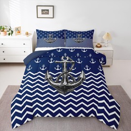 Nautical Anchor Comforter Set Queen Size Navy Blue White Geometric Stripes Bedding Set 3Pcs Kids Boys Teens Room Decor Abstract Ocean Waves Quilt Set Sea Adventure Duvet Insert,2 Pillowcases