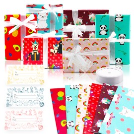 NIMU Cute Animal Theme Wrapping Paper Sheets, 6 Folded Sheets with 9m Ribbon and 6 Name Tags, Gift Packaging for Family, Adults and Children, for Birthdays, Party, Celebrations, Special Occasions