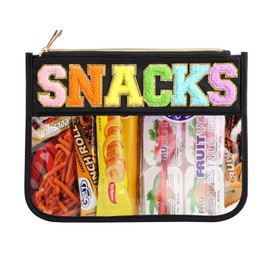 Dealkion Snack Bag Clear Snacks Bag Pouch Chenille Letter Zipper Pouch Bag for Travel Nylon Clear Cosmetic Bag Clear Toiletry Bags for Women (Black-Snacks)