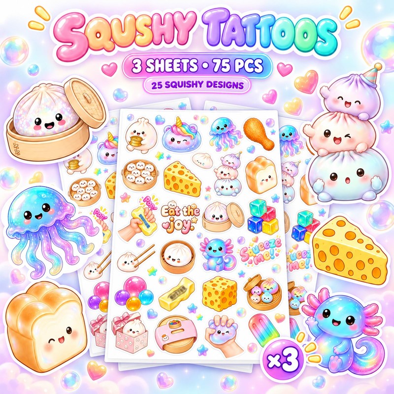 75Pcs Squishy Temporary Tattoos, Squishy Stickers for Party Decorations
