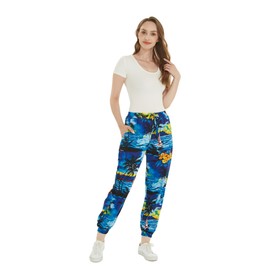 Women's Hawaiian Print Jogger Pants in Sunset Blue Size X-Large