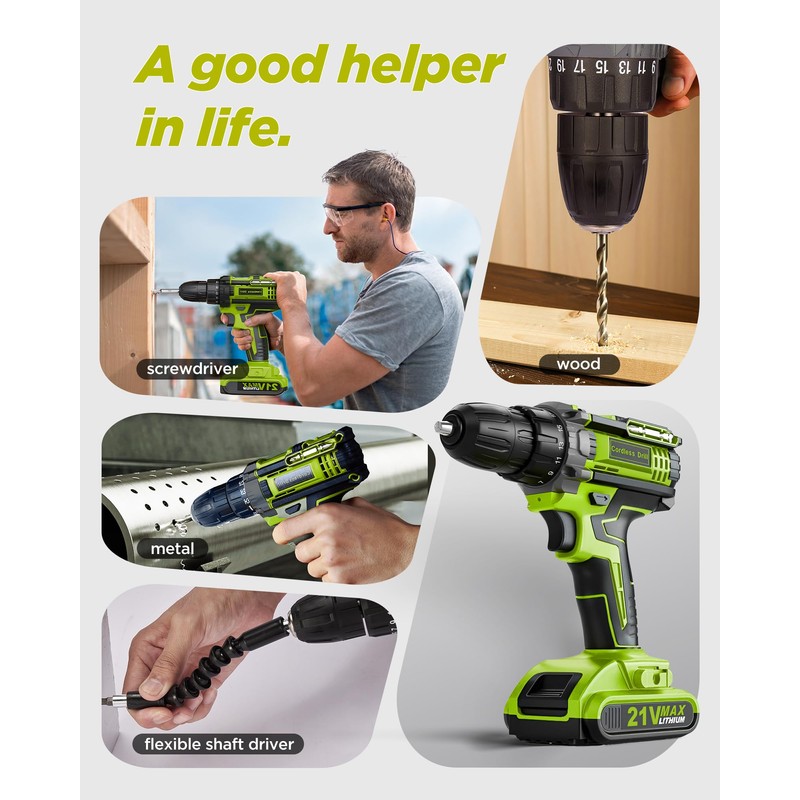 Cordless Drill, 21V Power Drill with Dual 2.0Ah Power Pack