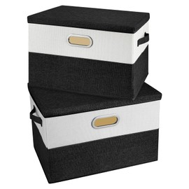 Valease Large Linen Fabric Foldable Storage Bins with Removable Lid and Handles, Washable Storage Box Organizer Containers Baskets Cube with Cover for Bedroom,Closet,Office(Black&White, Large(2-Pack))