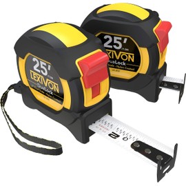 LEXIVON [2-Pack] 25Ft/7.5m DuaLock Tape Measure | 1-Inch Wide Blade with Nylon Coating, Matt Finish White & Yellow Dual Sided Rule Print | Ft/Inch/Fractions/Metric (LX-202)