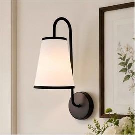 Elegant Design Minimalist Sconce with Linen Shade - Damp Rated in Brass or Plated Steel, Linen Shade Wall Light for Living Room, Bedroom, Kitchen, 6" w x 9" d x 16.5" h (Matte Black)