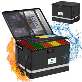 ZOOPIP Fireproof File Box with Lock, 5200°F Document Box Storage Organizer, Suitable for Hanging File Folders in Letter Size, Collapsible Box, Reflective Strip for Fast Find (16.6*12.6*10.2, Black)