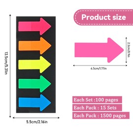 LCUHAVA 1500 Pieces Side Markers Big Arrows Coloured Sticky Notes 5 Colours Arrow Index Marker Reusable Post It Small 2.5 x 4.5 cm Sticky Notes Suitable for Office, School, Home, Memo
