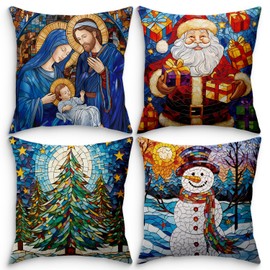 GadgBlizza Christmas Throw Pillow Covers 18 x 18 Inch, Xmas Tree Nativity Scene Snowman Santa Cushion Pillow Case Set of 4, Christmas Decorations Holiday Cushion Covers for Couch