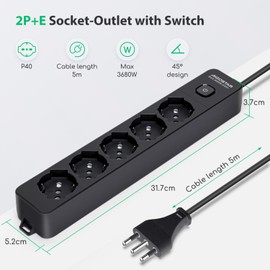 Aigostar 5 Way Power Strip with Switch 250V/3680W 5m Cable Black