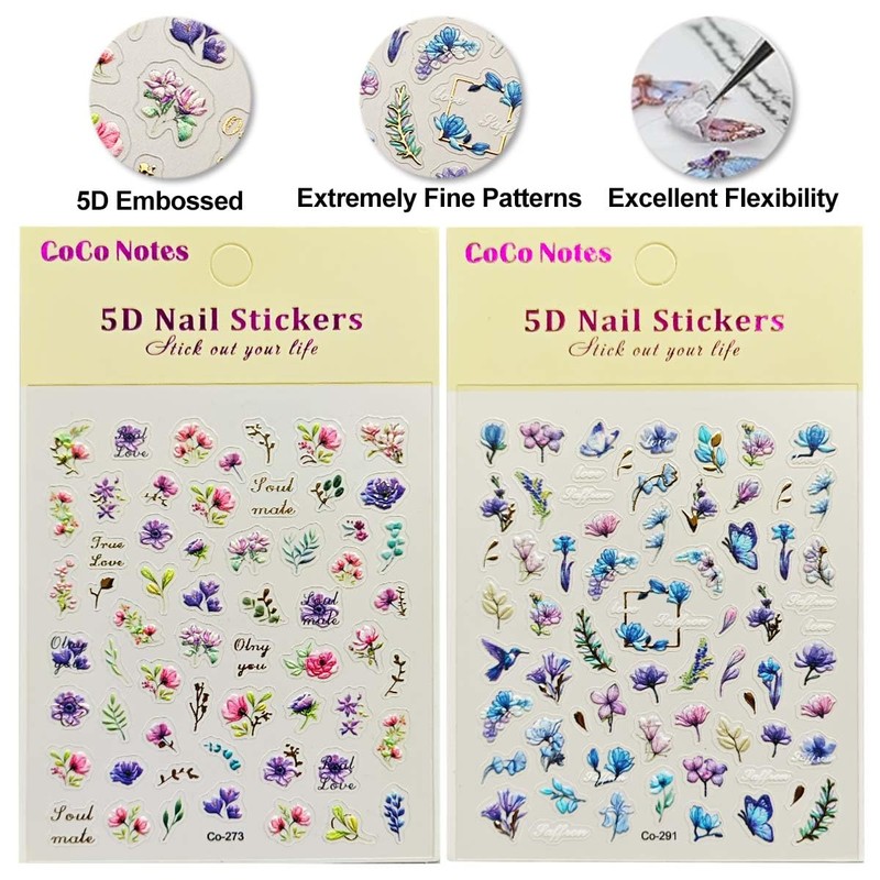 Flower Nail Art Stickers Decals 5D Embossed Spring Floral Nail