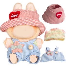 17cm Doll Clothes, 3 Pieces Set Cute Clothes for 17cm Dolls Outfit - Pink Love Pattern Hat+ Colorful Sweater + Baby Blue Romper - Cute Chic Doll Outfit Accessories for 17 cm Dolls (Not Included Doll)
