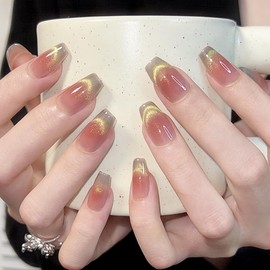 Pure Handmade Nails Press on Nail Reusable Fake Nails Golden&Green CatEyes Bling Bling Medium Stick on Nails French Tip False Nails 10pcs (S, Q319 NAILS)