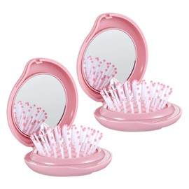 2 PCS Folding Mini Brush with Mirror for Purse, Round Mini Hair Massage Comb Compact Portable Small Brush Pink Travel Hair Brushes with Makeup Mirror for Purse, Girls and Women (Pink)