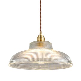 Qufute Small Glass Pendant Light Fixtures One-Light Gold Brass Dining Room Decor mid Century Modern Hanging Pendant Lamp Clear Dome Glass Shade Striped Glass Lights for Kitchen Island