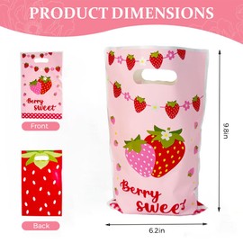50Pcs Strawberry Party Favor Bags with Handles - 9.8×6.2 Inch Double Sided Printed Plastic Goodie Treat Candy Bags for Kids Girls Birthday, Baby Shower & Wedding | Cute Strawberry Shortcake Party Supplies