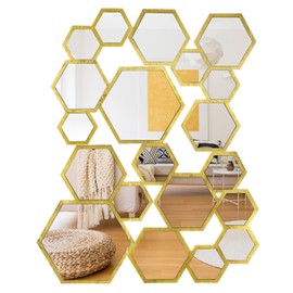 Yookeer 20 Pcs Wall Decor Mirror Gold Hexagon Mirror Modern Wooden Framed Wall Mirror Removable Acrylic Mirror Wall Art Honeycomb Mirror for Home Living Room Bedroom Decoration, 31.5 x 21.6 in